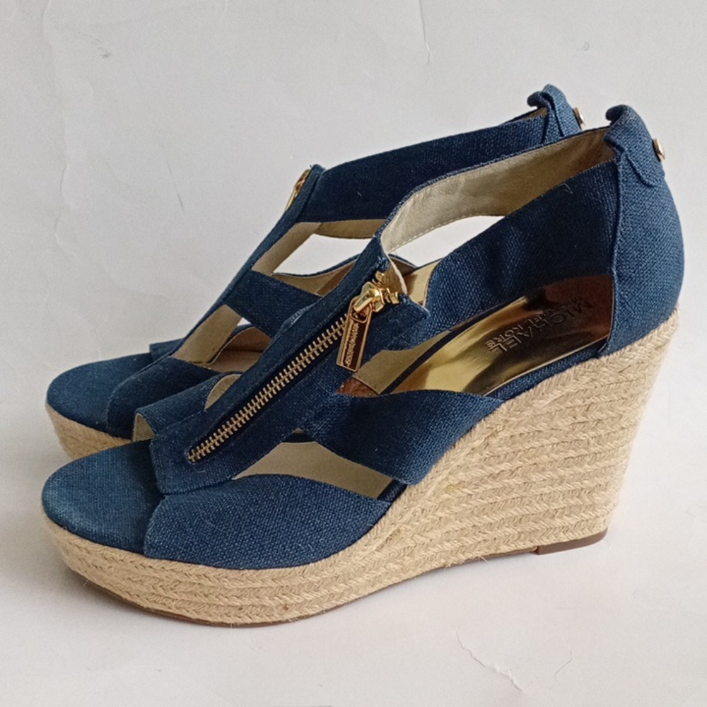 MICHAEL Michael Kors Blue Denim Look Gold-Tone Zipper Wedge Sandals Size 10M